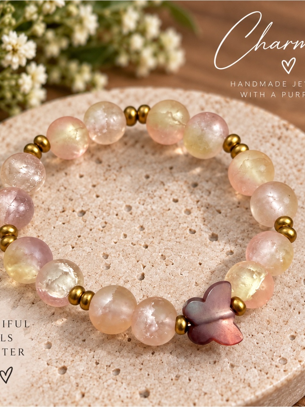 Handmade Pastel Butterfly Bead Stretch Bracelet